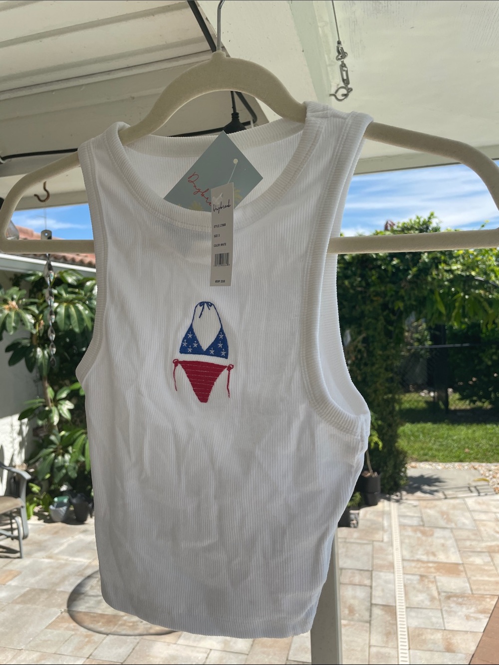 White Ribbed Tank Top with Patriotic Bikini Patch